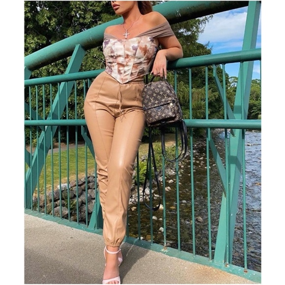 Camel Tan Vegan leather Jogger Lounge Pants Shabby Chic - Picture 4 of 7